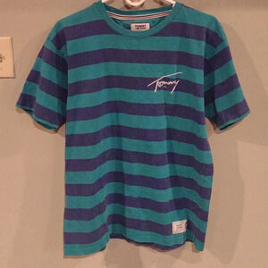 Tommy‎ Hilfiger Tommy Jeans means medium purple green stripe short sleeve shirt